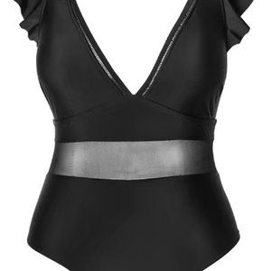 Black Ruffle Plunge V Neck Plus Size One Piece Swimsuit